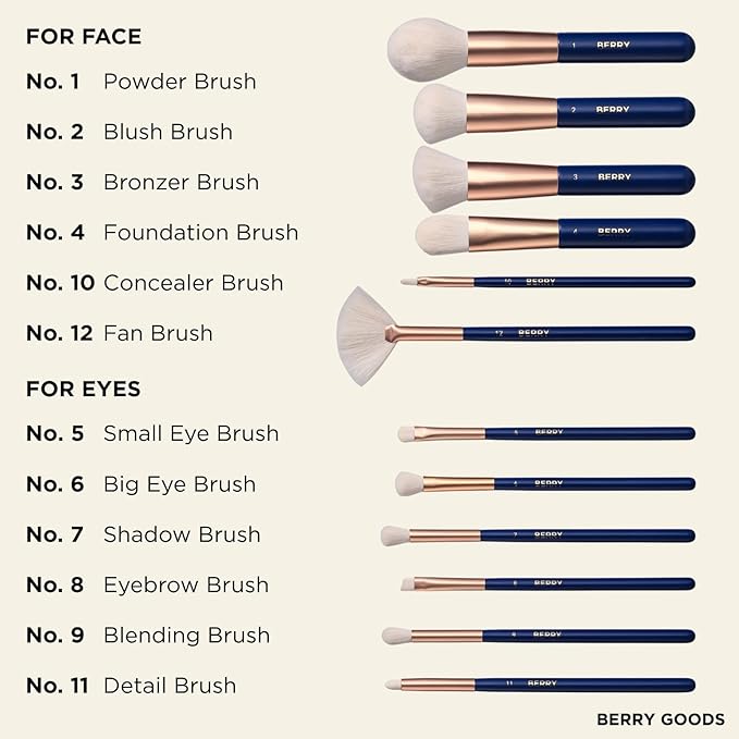 BERRY GOODS Vegan Makeup Brush Set, 12 Brushes with Travel Case, Blue