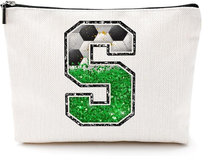 CQM Soccer Gifts Initial Makeup Bag Soccer Girl Gifts Cosmetic Bag Letter S