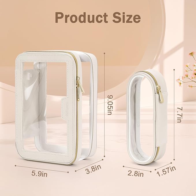 Soimeat Travel Clear Makeup Bag with Makeup Brush Bag, Leather Make up Case Toiletry Bag, Portable Cosmetic Bag Case, Transparent Waterproof Cosmetic Organizer Storage Bag for Women, Off-White