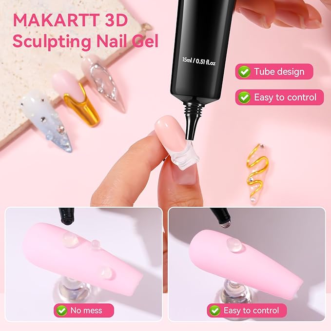 Makartt 15g 3D Nail Gel & Chrome Nail Powder Kit for Sculting and Drawing