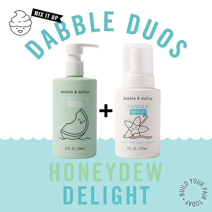 Dabble & Dollop Honeydew + Vanilla Kids 3-in-1 Body Wash, Shampoo & Bubble Bath Bundle – Gel + Foam Whip Set, Tear-Free, Gentle, Natural-Origin, Hypoallergenic and Safe for Sensitive Skin (Pack of 2)