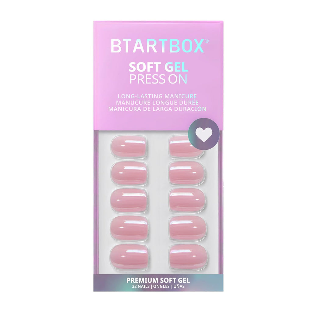 BTArtbox Press On Nails, Lotus Glazed, Short Square, Pink Chrome, 32Ct