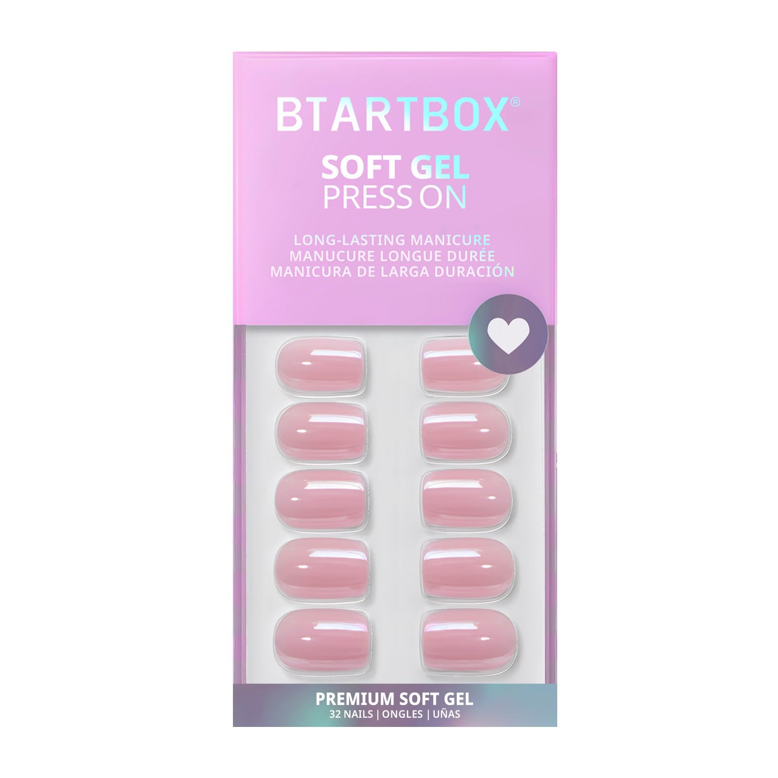 BTArtbox Press On Nails, Lotus Glazed, Short Square, Pink Chrome, 32Ct