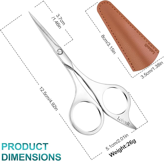 Lobodt Professional beard scissors, 4.9-inch (silver) small pointed stainless steel hairdressing scissors, Moustache Trimming，suitable for personal care and beauty of both men and women