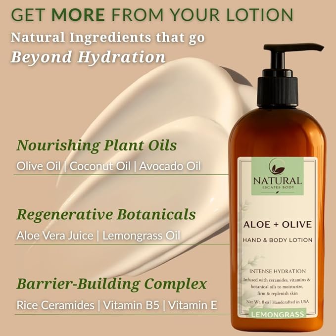 Natural Escapes Lemongrass Hand & Body Lotion w/Aloe Vera & Olive Oil, 8oz