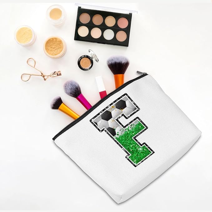 CQM Soccer Gifts Initial Makeup Bag Soccer Girl Gifts Cosmetic Bag Letter F