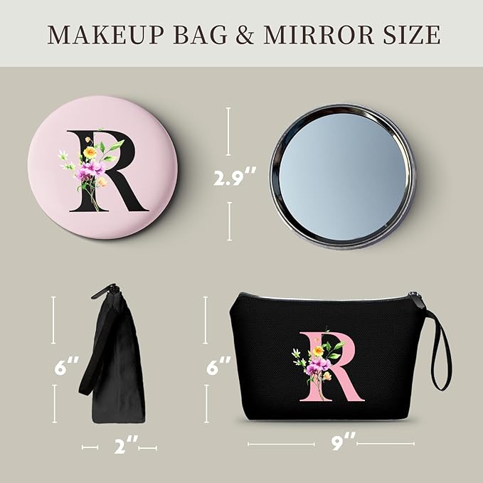 A-Z Womens Gifts for Birthday, Initial Cute Makeup Bag with Mirror, R
