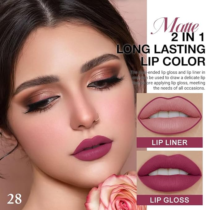 IATMOMOD 1Pcs 2 in 1 Rose Plum Matte Lip Liner and Liquid Lipstick Stain Makeup Set for women, Rose Long Lasting Smudge Proof Lip Tint Matte Finish Lip Gloss for All-Day Color Hold Easy to Use 28#