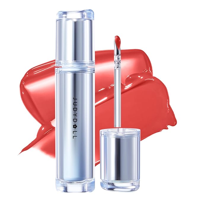 JUDYDOLL Ice Watery Lip Gloss, Moisturizing Liquid Lipstick with Hyaluronic Acid & Collagen, Non-sticky, No transfer Long-lasting Mirror Lip Glazes with Patented Iron Applicator (#02 Candy Strawberry)