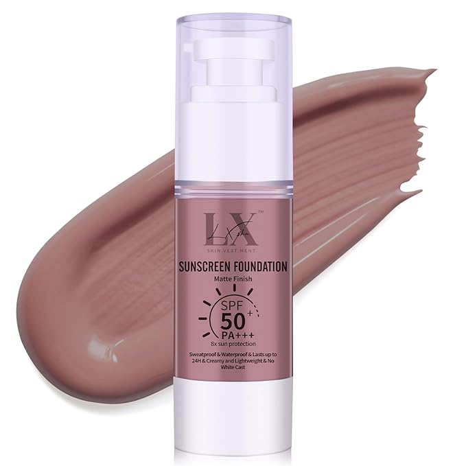 LXSKN Tinted Face Sunscreen - Waterproof & Lightweight Liquid Foundation with SPF 50++, 3-in-1 Full Coverage Foundation Smooths & Blurs Pores, 410 Deep