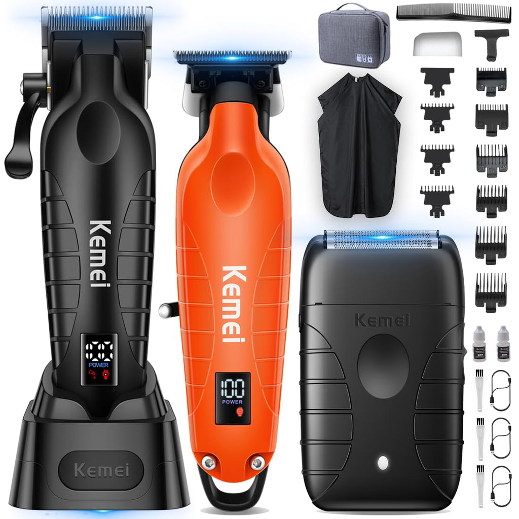 KEMEI KM-2293 3-Piece Cordless Barber Kit with Foil Shaver, Orange