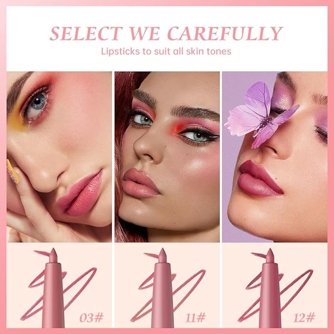 Hxssll 12 Colors Matte Lip Liner Pencil – Long Lasting Waterproof Lip Liner, Smudge Proof Transfer Proof Lip Pencil, High Pigment Lip Makeup for Defining & Filling Lips (A2-set:03+11+12, 3PCS)