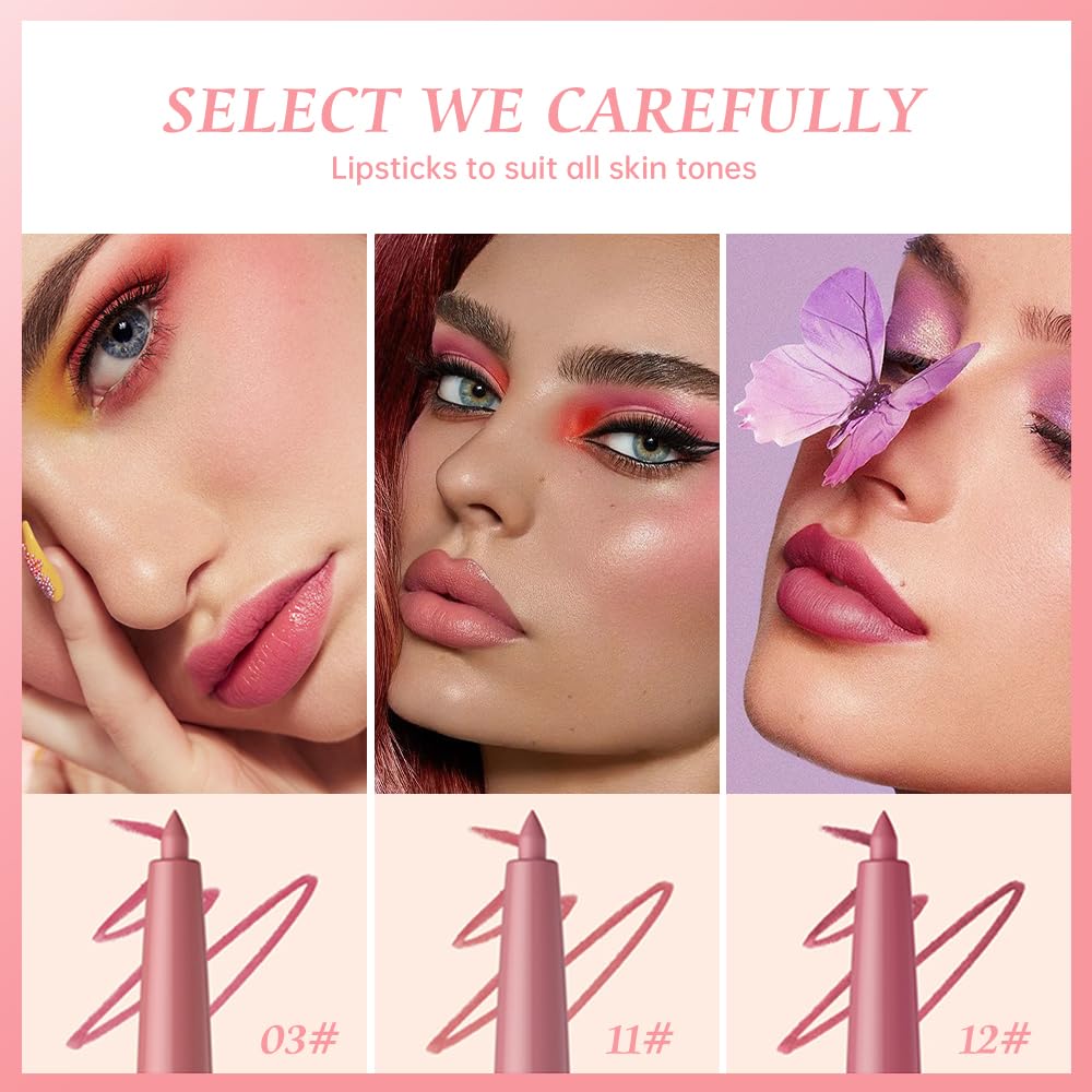 Hxssll 12 Colors Matte Lip Liner Pencil – Long Lasting Waterproof Lip Liner, Smudge Proof Transfer Proof Lip Pencil, High Pigment Lip Makeup for Defining & Filling Lips (A2-set:03+11+12, 3PCS)