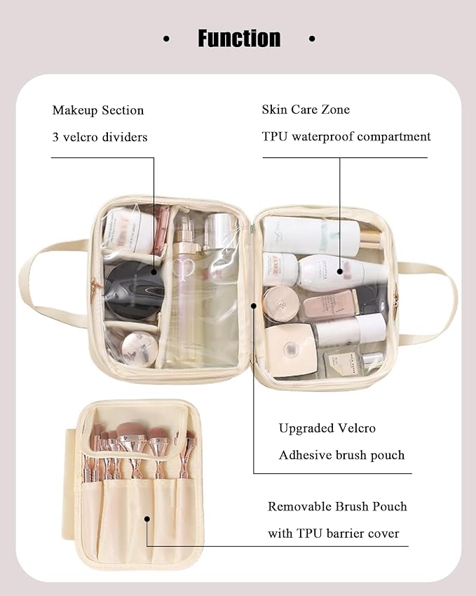 VIDIBESTY Travel Makeup Bag Skin-feel Leather, Large Capacity Cosmetic case for Women, Waterproof Portable Make up Organizer with Divider and Handle for Toiletries, Beauty Essentials (Beige)