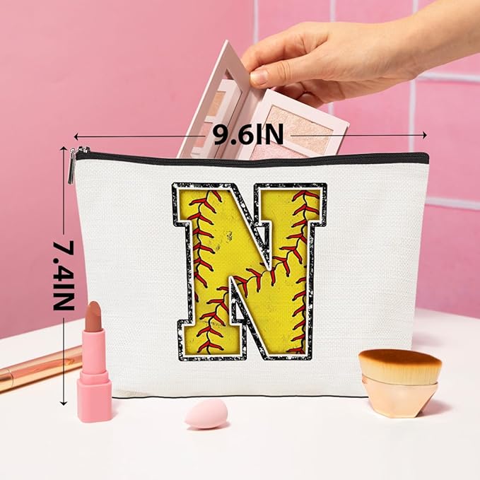 Softball Gifts Initial N Makeup Bag Softball Gifts for Team Cosmetic Bag