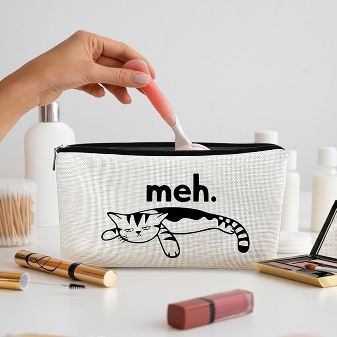 BARPERY Cat Meh Makeup Bag - Funny Sarcastic Cosmetic Zipper Travel Toiletry Bag for Cat Lovers, Teen Girls, Women Idea