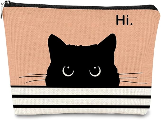 BARPERY Cute Cat Cosmetic Bag, Black Kitty Gifts for Cat Lovers, Makeup Pouch for Women (Peach-1)
