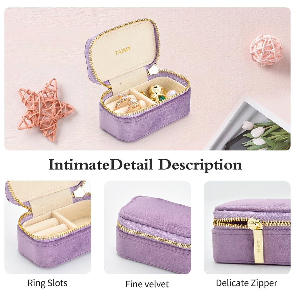 TAIMY Small Travel Jewelry Case, Mini Tiny Plush Velvet Jewelry Box for Women and Girls, Pocket Size Jewelry holder organizer for Rings Earrings and Small Items(Lavender)