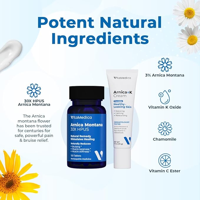 VitaMedica Arnica Montana Tablets & Arnica Cream Bundle - 150 Rapid Dissolve Tablets + 0.5 oz Vitamin K Topical Cream