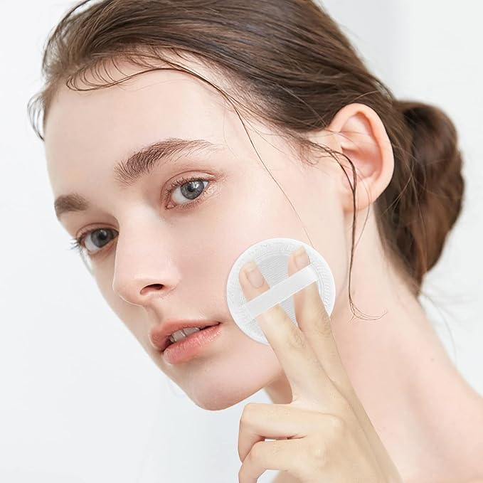 Sibba Powder-Puff 2PCS Cotton Cosmetic Face Makeup Velour Powder Pads with Ribbon for Loose and Foundation Round White Dry Puff Suitable for Eyeshadow Blush Concealer and etc.