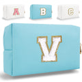 HENGNI Small Personalized Letter Makeup Bag, Cute PU Leather Chenille Letters Cosmetic Bag Travel Makeup Pouch, Preppy Travel Organizer Zipper Pouch for Women&Girls（Blue-V）