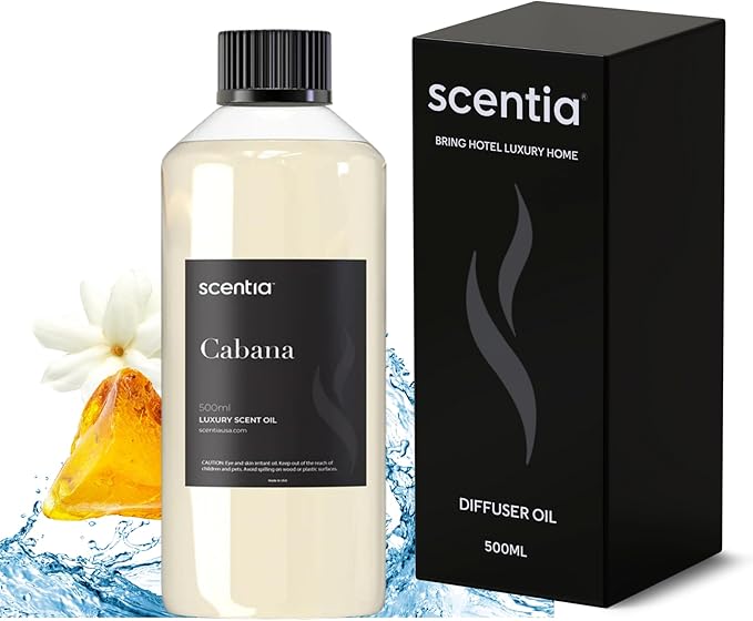 Scentia Coastal (Cabana) Diffuser Oil for HVAC Scent Machine – Hotel Fragrance Inspired by 5-Star Spa – 500 mL – Jasmine, Bergamot & Sea Breeze Oil for Commercial & Cold Air Diffusers, Made in USA