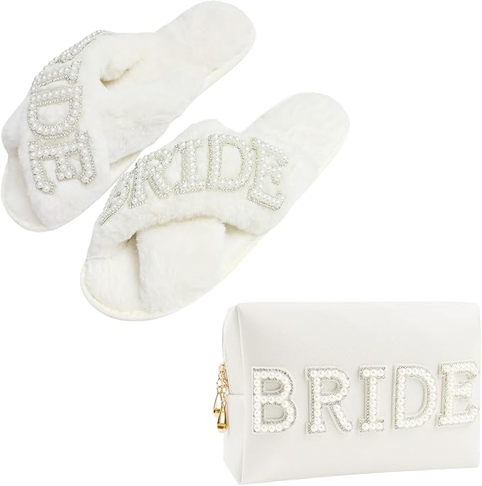 Kovewon Bridal Shower Gifts, Bride to Be Letter Makeup Bag with Pearl Rhinestone Fuzzy Bride Slippers Wedding Engagement Gifts for Her, Bachelorette gifts