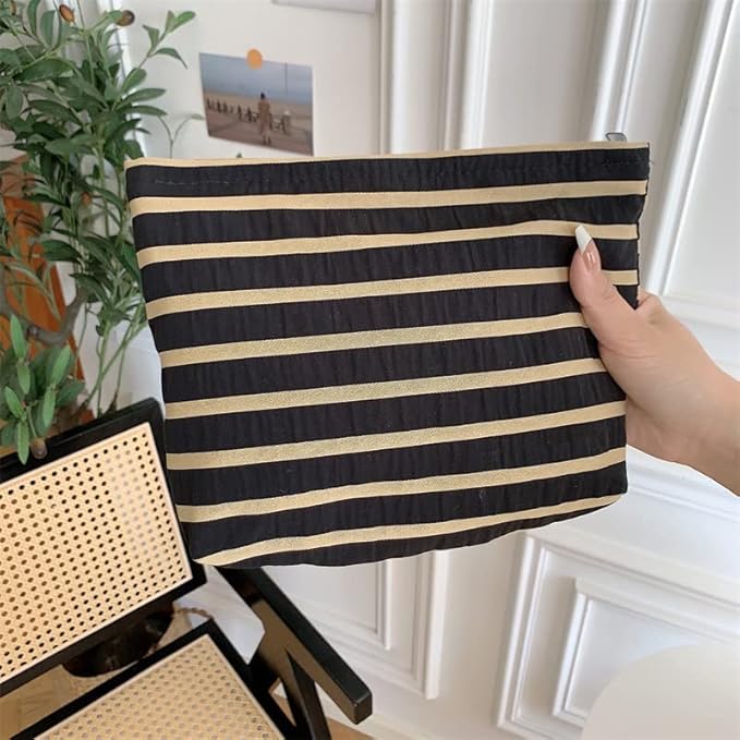 Flat Makeup Bag for Women,Zipper Cosmetic Pouch for Purse,Stripe Black