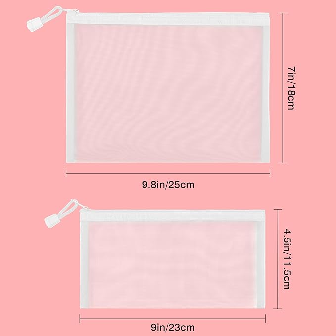 Sinzip 12 Pieces Zipper Nylon Mesh Pouch, Mesh Cosmetic Bags Makeup Bags Pencil Case, Multipurpose Travel Bags for Cosmetic School Office Supplies and Travel Accessories (White, A5+B6)