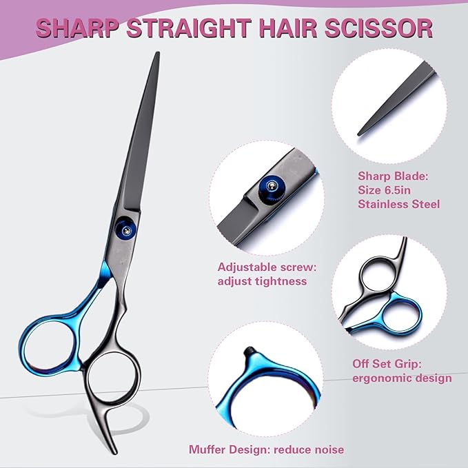 Hair Cutting Kit 11PCS - Professional Scissors With Stainless Steel Shears, Thinning Shears, and Accessories in Leather Case for Salon/Home (Black - Blue)