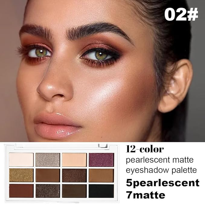 JUAAZIN 12 Colors Matte Shimmer Eyeshadow - Cool-toned Eyeshadow Palette, Long-Lasting Waterproof Crease-Proof Pigmented, Built-In Mirror, Vegan Cruelty-Free for Daily & Glam Makeup Looks 02#