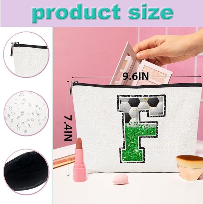 CQM Soccer Gifts Initial Makeup Bag Soccer Girl Gifts Cosmetic Bag Letter F