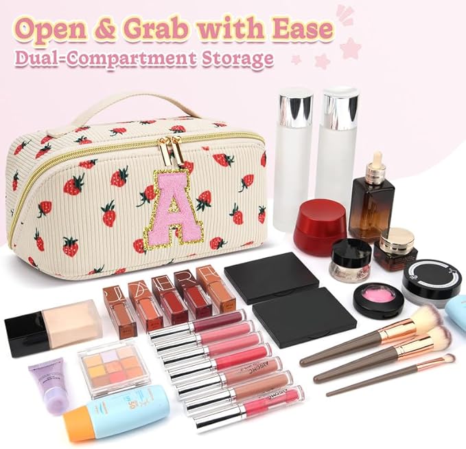 Personalized Travel Makeup Bag Set,Initial Travel Strawberry Makeup Organizer Bag,Toiletry Skincare Cosmetic Bag,Christmas Gifts for Women/Girls,Open Flat Toiletry Pouch with Brush Pocket-O