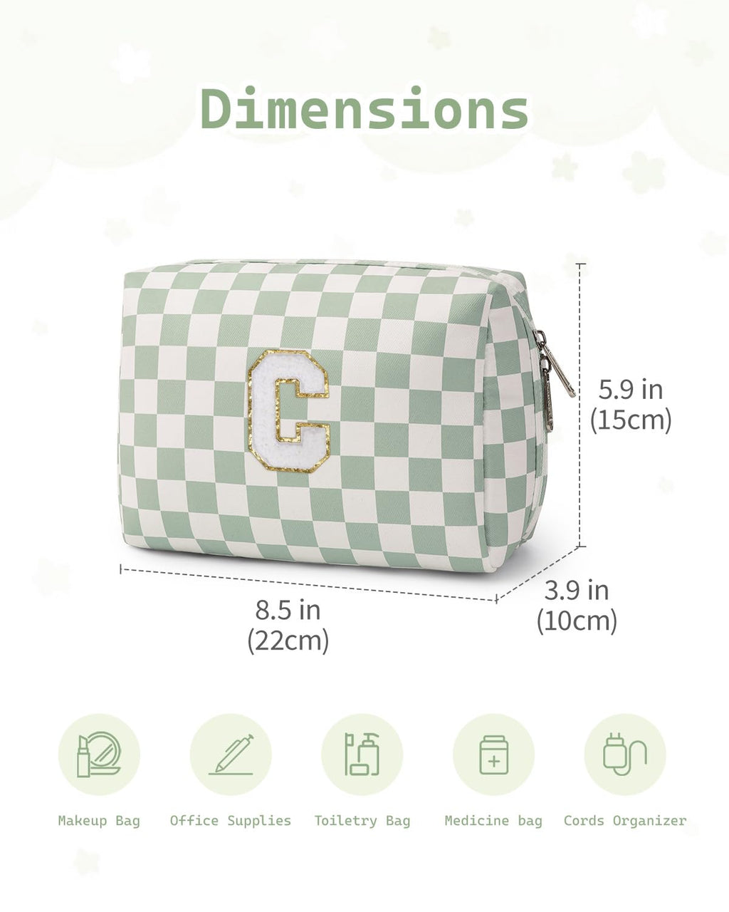 Narwey Birthday Gifts for Teen Girls Women Personalized Initial Checkered Makeup Bag Preppy Cosmetic Bag Trendy Stuff 6 8 10 11 12 13 14 16 18 Years Old Travel Toiletry Bag (Green Letter C)
