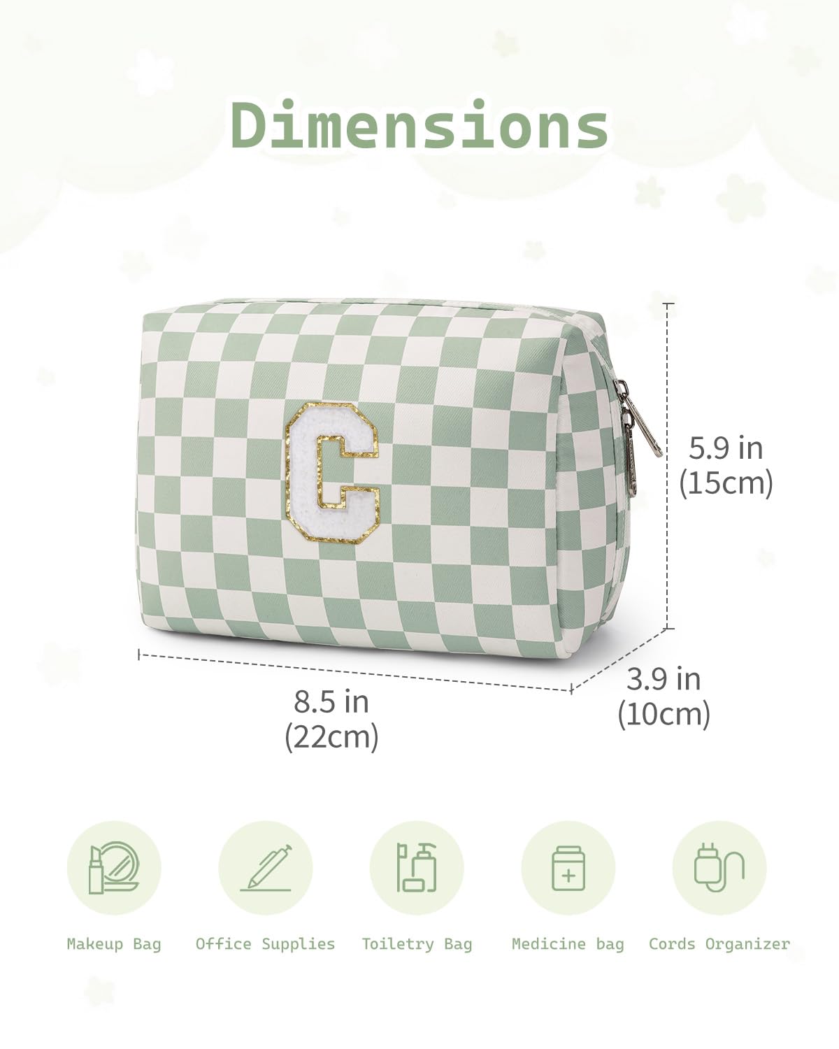Narwey Birthday Gifts for Teen Girls Women Personalized Initial Checkered Makeup Bag Preppy Cosmetic Bag Trendy Stuff 6 8 10 11 12 13 14 16 18 Years Old Travel Toiletry Bag (Green Letter C)
