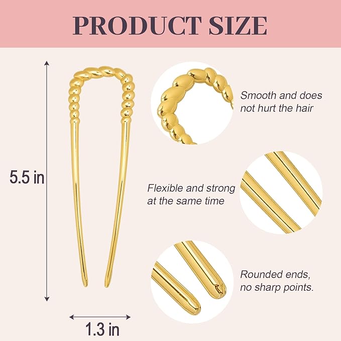 JIRIS 2PCS 5.5Inch French Hair Pins Large U-Shaped Pins for Women and Girls Fashion Metal Hair Pin French Twist Hair Pins for Buns, Updos,Stylish and Functional(set4-gold)