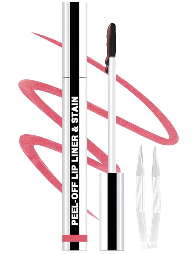 QCMME Lip Liner Stain Peel Off with Tweezer, Long Lasting Matte Lip Tattoo, Highly Pigmented Color Lip Tint Makeup, Waterproof, Transfer-proof Lipstain for Women, for All Skin Types Cool Rose