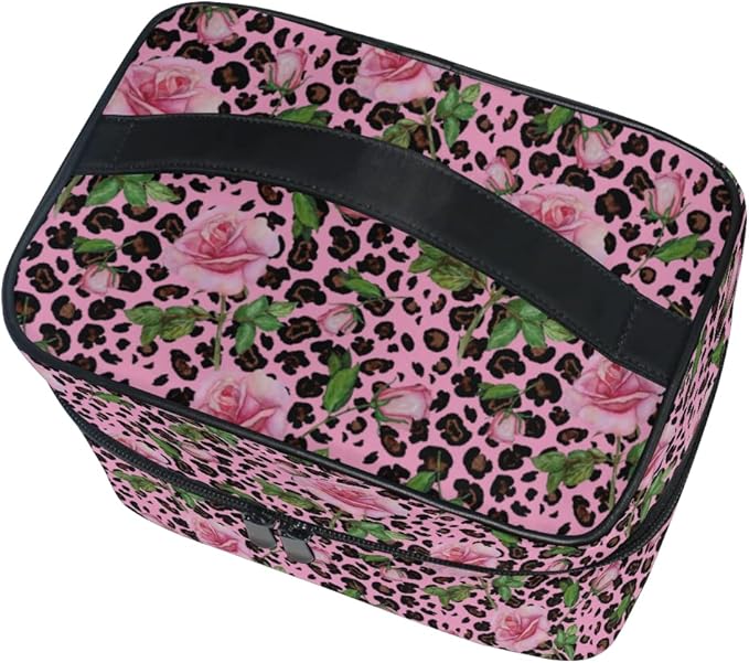 MNSRUU Makeup Bag, Roses On Pink Leopard Travel Makeup Organizer Bag Cosmetic Cases Toiletry Bags for Girl Women Ladies