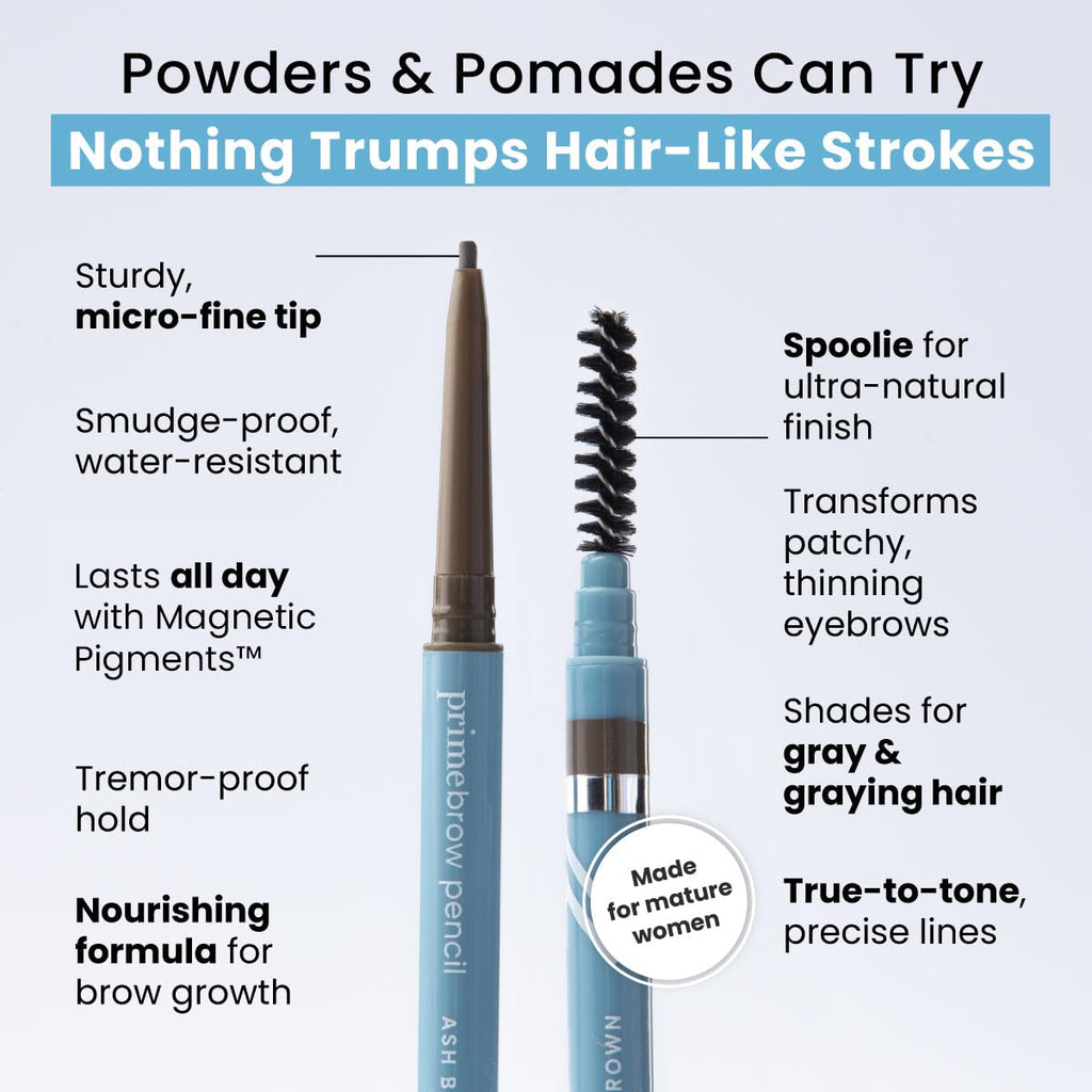 Prime Prometics PrimeBrow Pencil for Mature Women – Ultra-Precise Tip for Natural, Hair-Like Strokes – Smudge-Proof & Long-Lasting Wear – Great for Thinning, Sparse, or Graying Brows (Ash Brown)