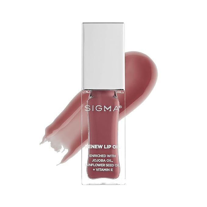 Sigma Beauty Renew Lip Oil – Tinted with Luxurious High-Shine Color & Long Lasting Hydration for Soft, Supple Lips, Non-Sticky w/Nourishing Antioxidants (All Heart, Berry Mauve Sheen)