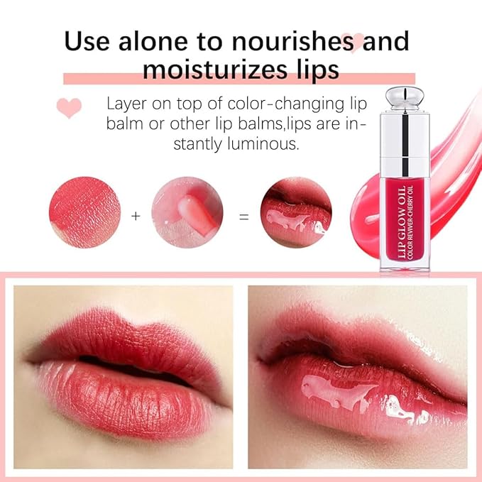 GECOMO Hydrating Lip Glow Oil, Lip Oil Gloss Transparent Toot Tinted Nourishing Long Lasting Repairing Lightening Lip Lines (CLEAR TO PINK) 0.2 OZ