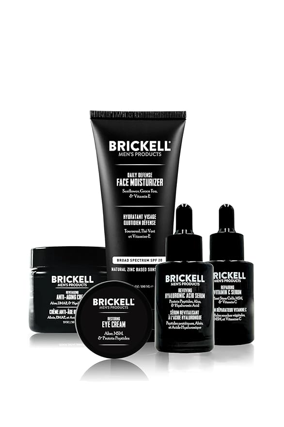 Brickell Men's Complete Defense Anti Aging Routine, Night Face Cream, Day & Night Serum, Facial Moisturizer w/SPF & Eye Cream, With Hyaluronic Acid, Peptides, and Vitamin C, Scented