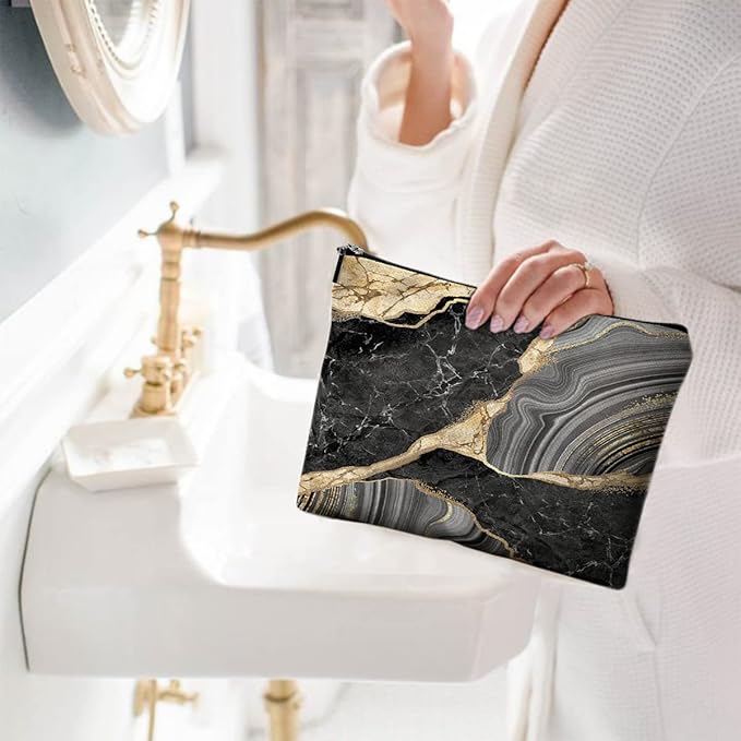 Givotin Cute Makeup Bag for Purse Canvas Waterproof Funny Cosmetic Bags for Women Zipper Travel Toiletry Pouch-Black Marble Makeup Bags