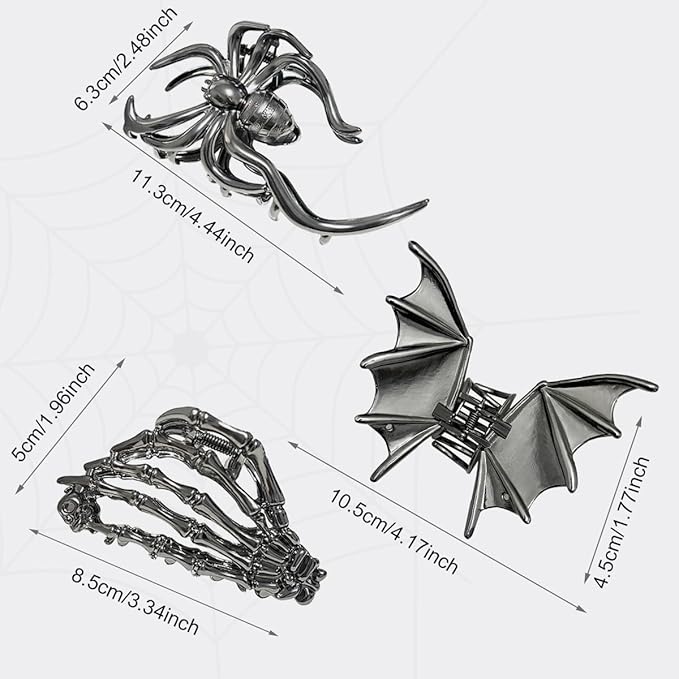 Parcce 3 PCS Gothic Hair Claw Clips for Women, Metallic Black Bat Spider Skeleton Hand Hair Clips, Strong Hold Halloween Hair Accessories for Thick Thin Hair, Costume Party Everyday Styling Gifts