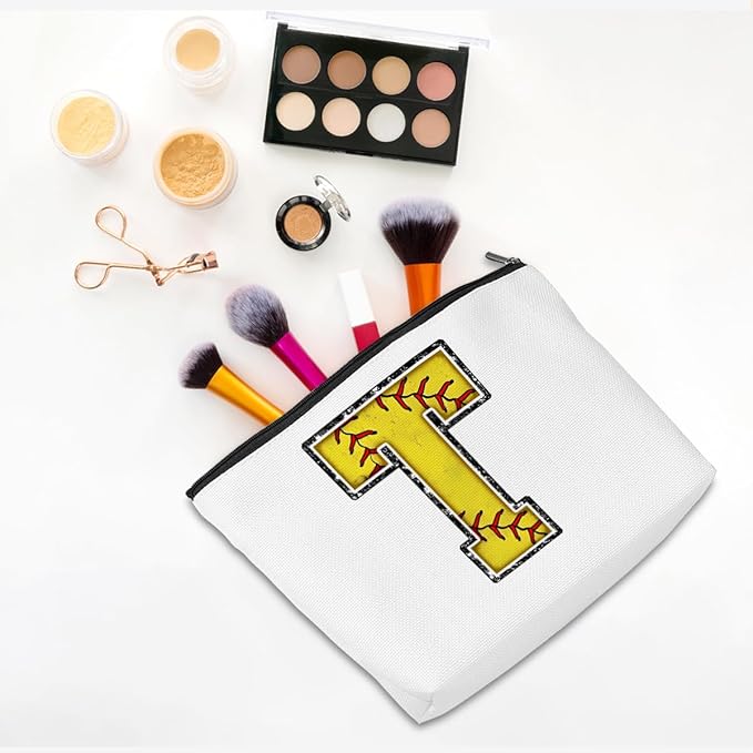 Softball Gifts Initial T Makeup Bag Softball Gifts for Team Cosmetic Bag