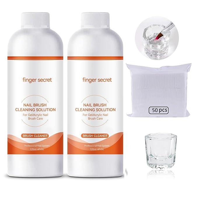 BEVINAS Nail Brush Cleaner 2 packs for Gel Polish Nail Brush Cleaner Liquid for Acrylic with Glass Cup Nail Cleaning pads for DIY Salon at Home 4 Fl.Oz