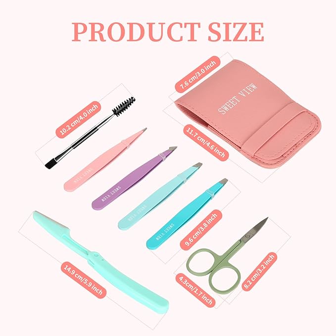 SWEET VIEW 7PCS Tweezers Kit for Women Facial Hair & Brow