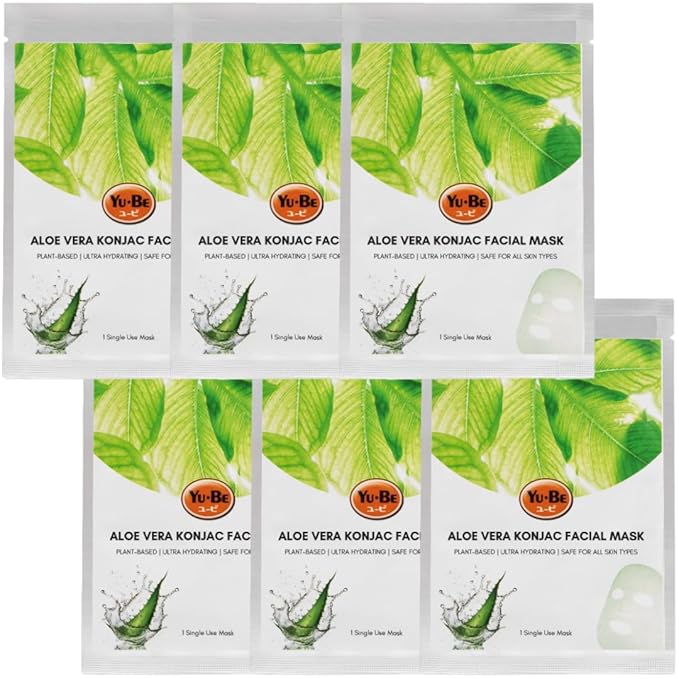 Yu-Be Aloe Vera Sheet Mask – Hydrating Konjac Facial Mask for Dry & Sensitive Skin – Helps Soothe Redness, Calm Irritation & Deeply Moisturize for Softer, Healthier-Looking Skin – 6 Sheets
