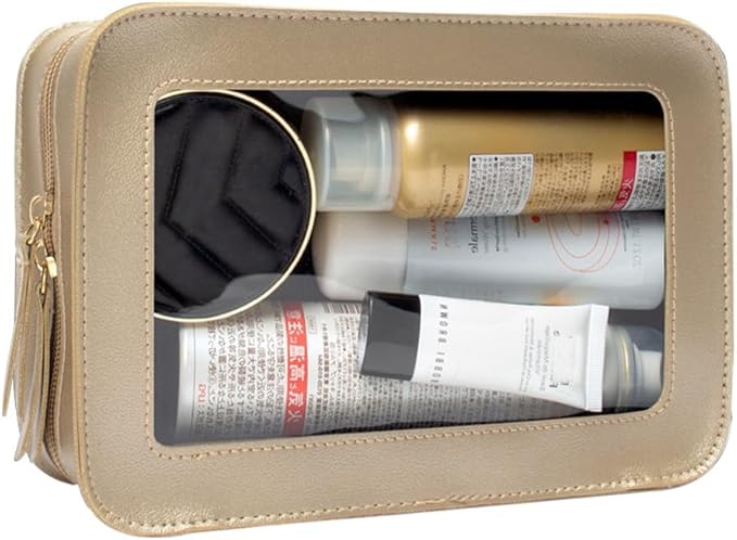 FFpaw Clear Makeup Bag, Gold Travel Makeup Pouch Toiletry Bag for Women Waterproof Small Cosmetic Bag Case Small Make Up Bag with Zipper Car Organizer Car Essentials for Women Men