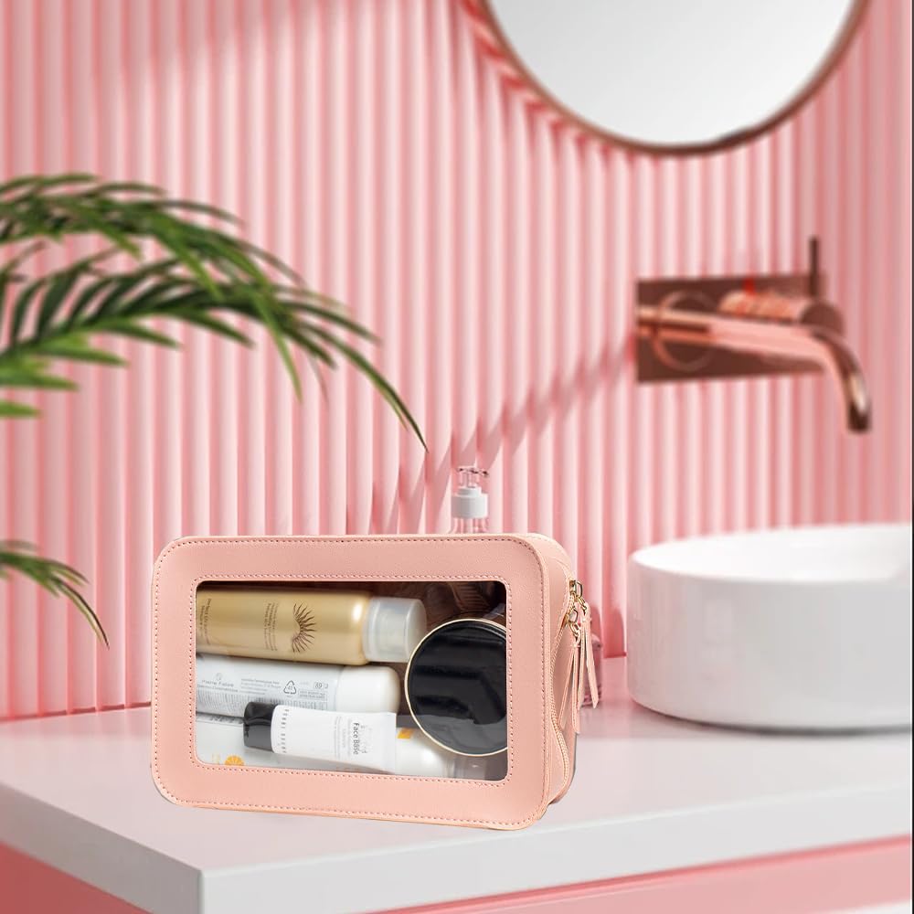 FFpaw Clear Makeup Bag, Pink Travel Makeup Pouch Toiletry Bag for Women Waterproof Small Cosmetic Bag Case Small Make Up Bag with Zipper Car Organizer Car Essentials for Women Men